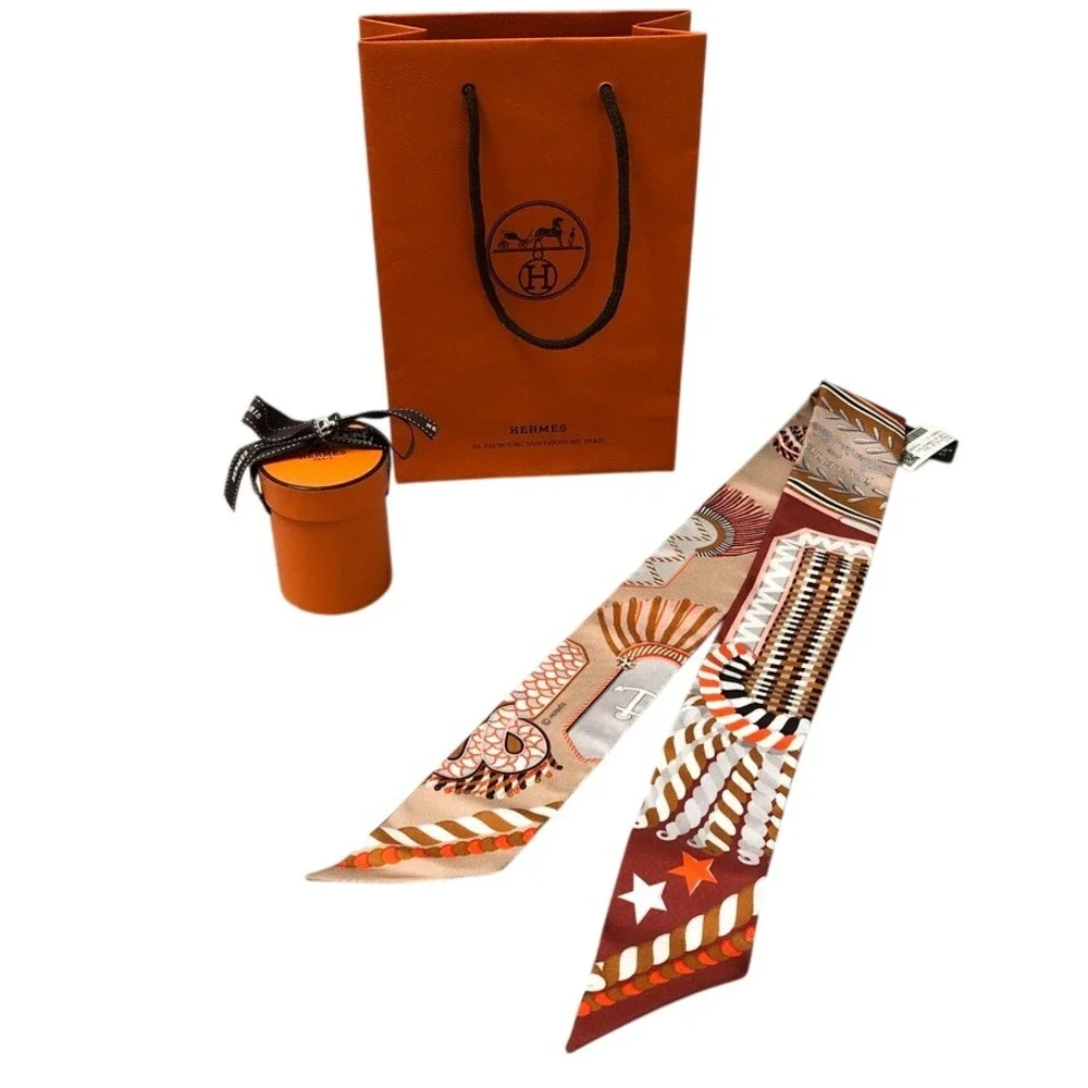 Hermes Twilly Scarf Womens OS Beige Terracotta Epaulettes de Gala Silk Ribbon